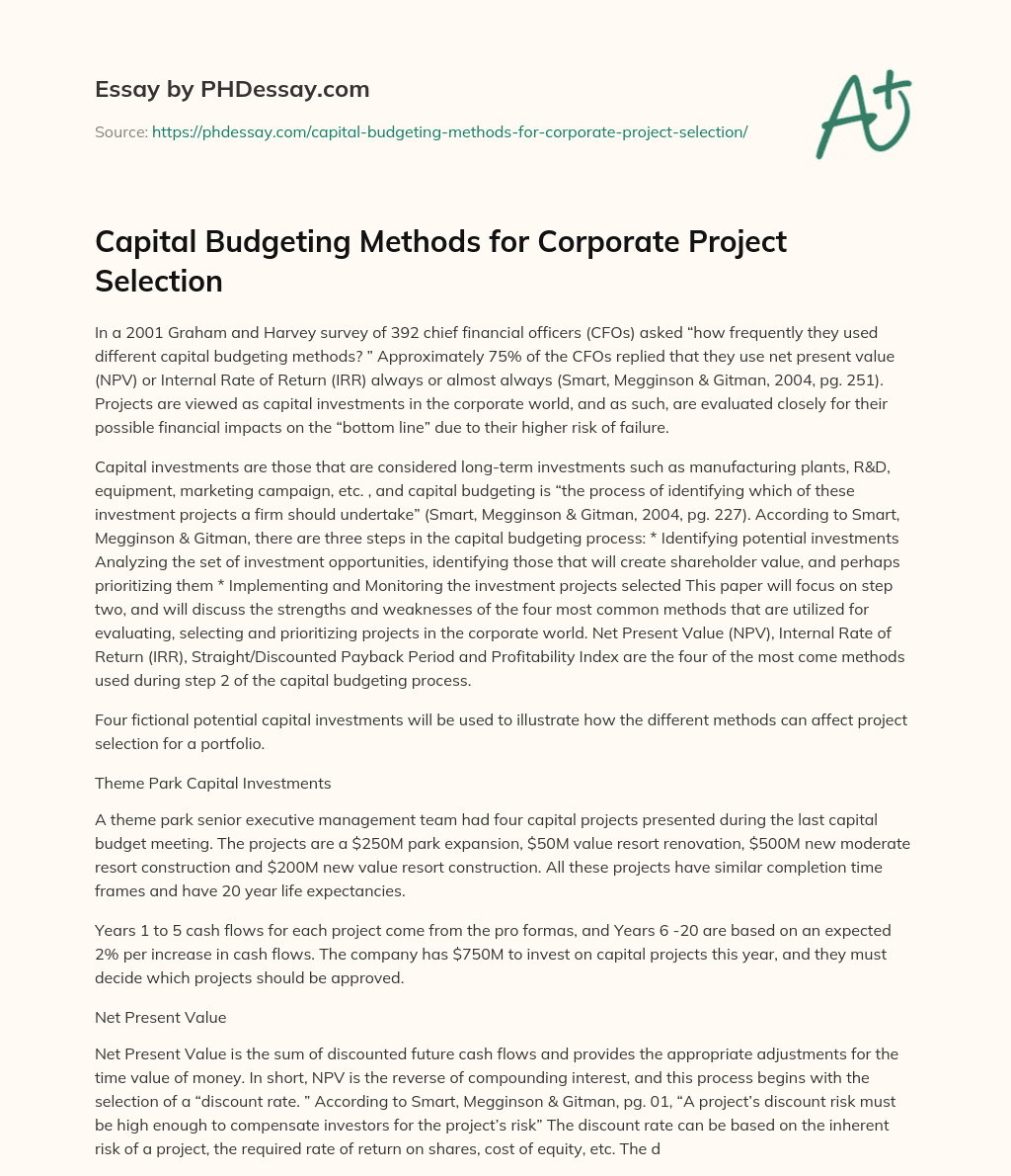 Capital Budgeting Methods for Corporate Project Selection essay