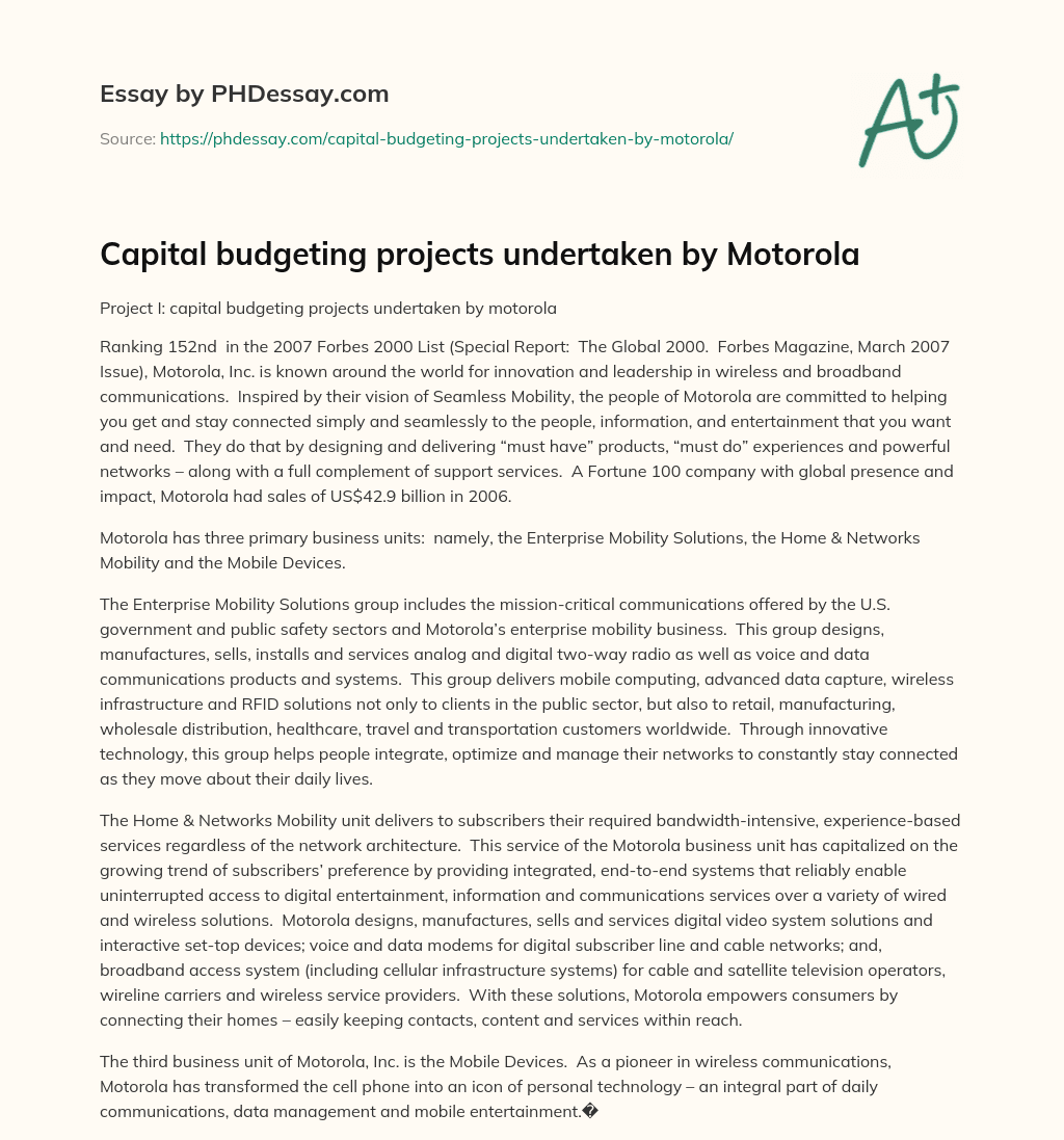 Capital budgeting projects undertaken by Motorola essay