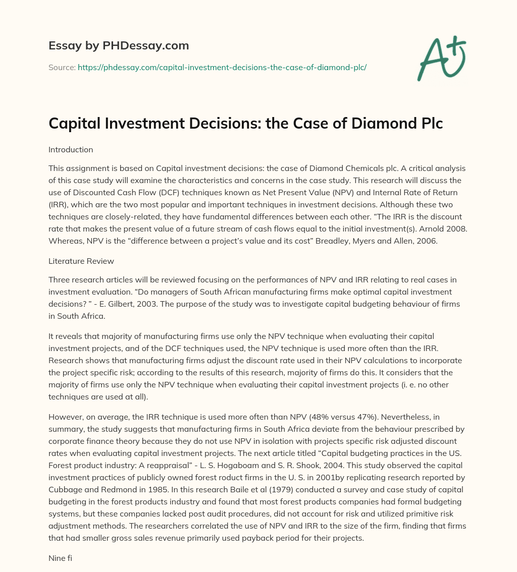 Capital Investment Decisions: the Case of Diamond Plc essay