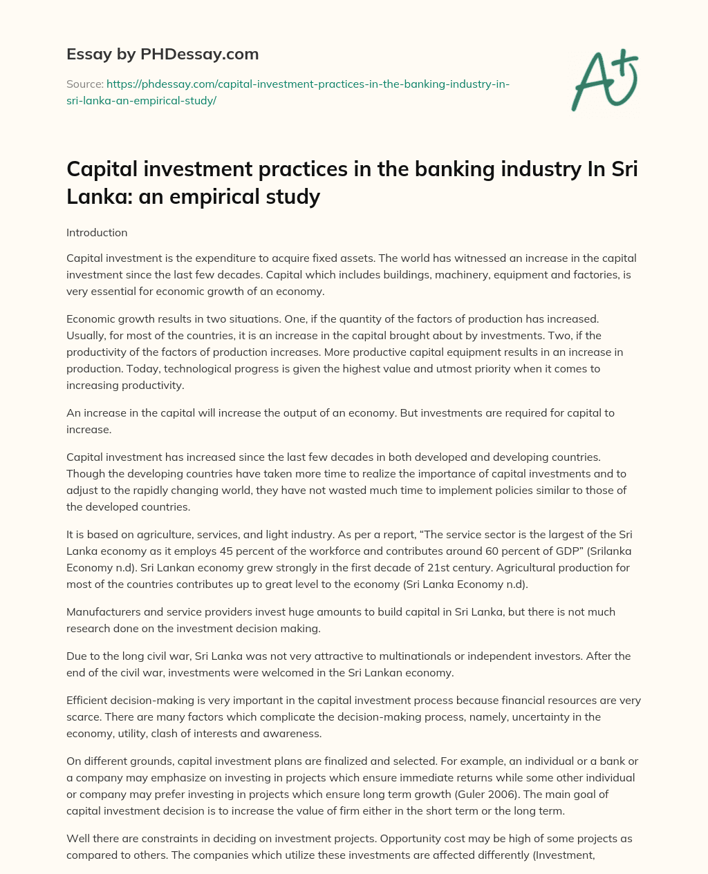 Capital investment practices in the banking industry In Sri Lanka: an empirical study essay
