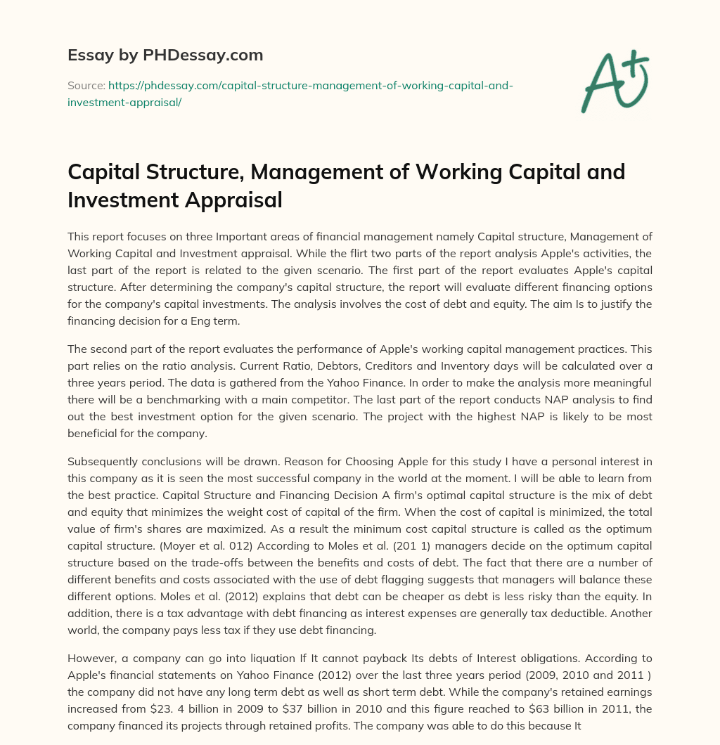 Capital Structure, Management of Working Capital and Investment Appraisal essay