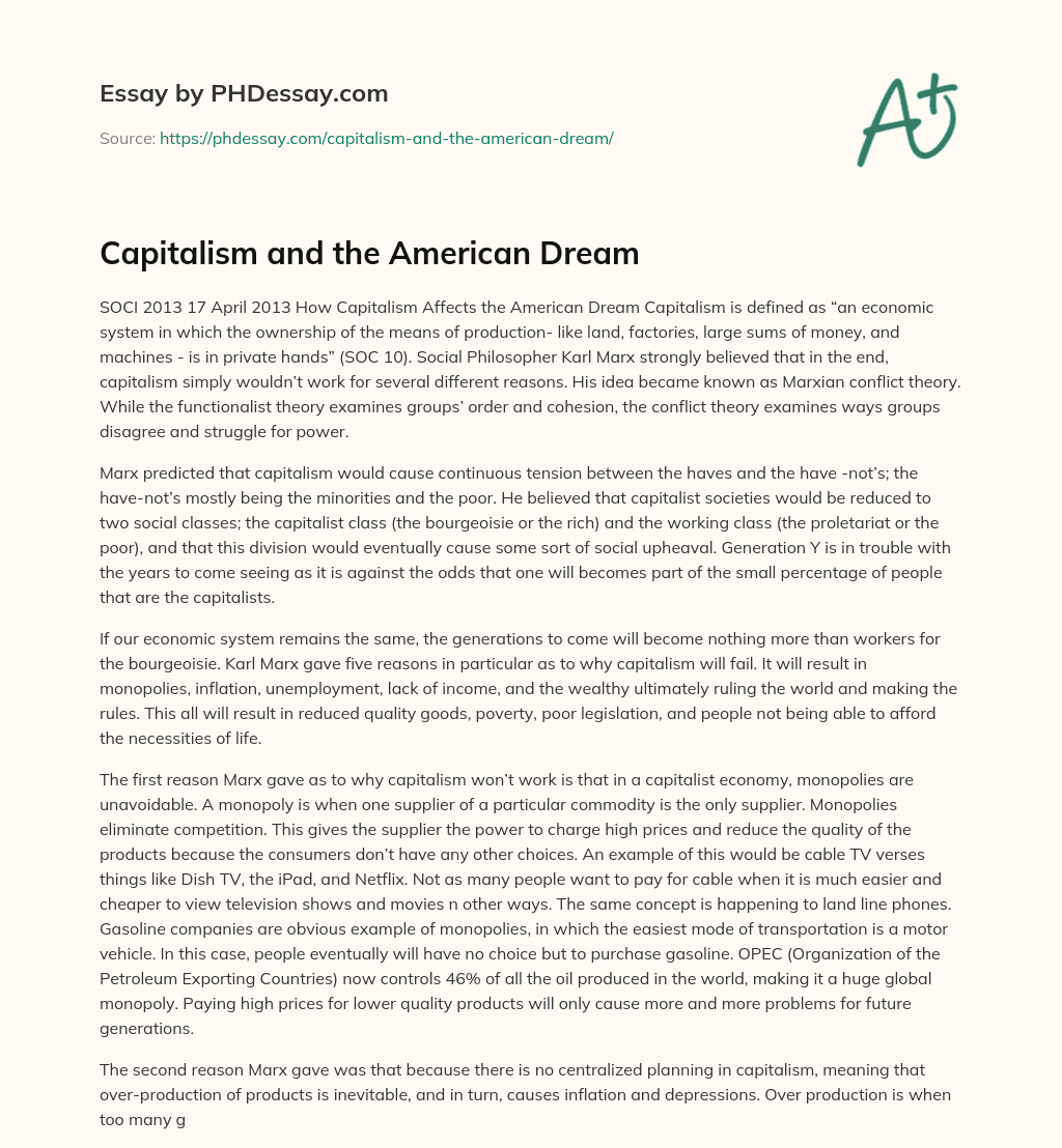 Capitalism and the American Dream essay