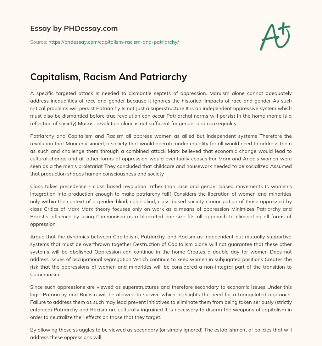 Capitalism, Racism And Patriarchy essay