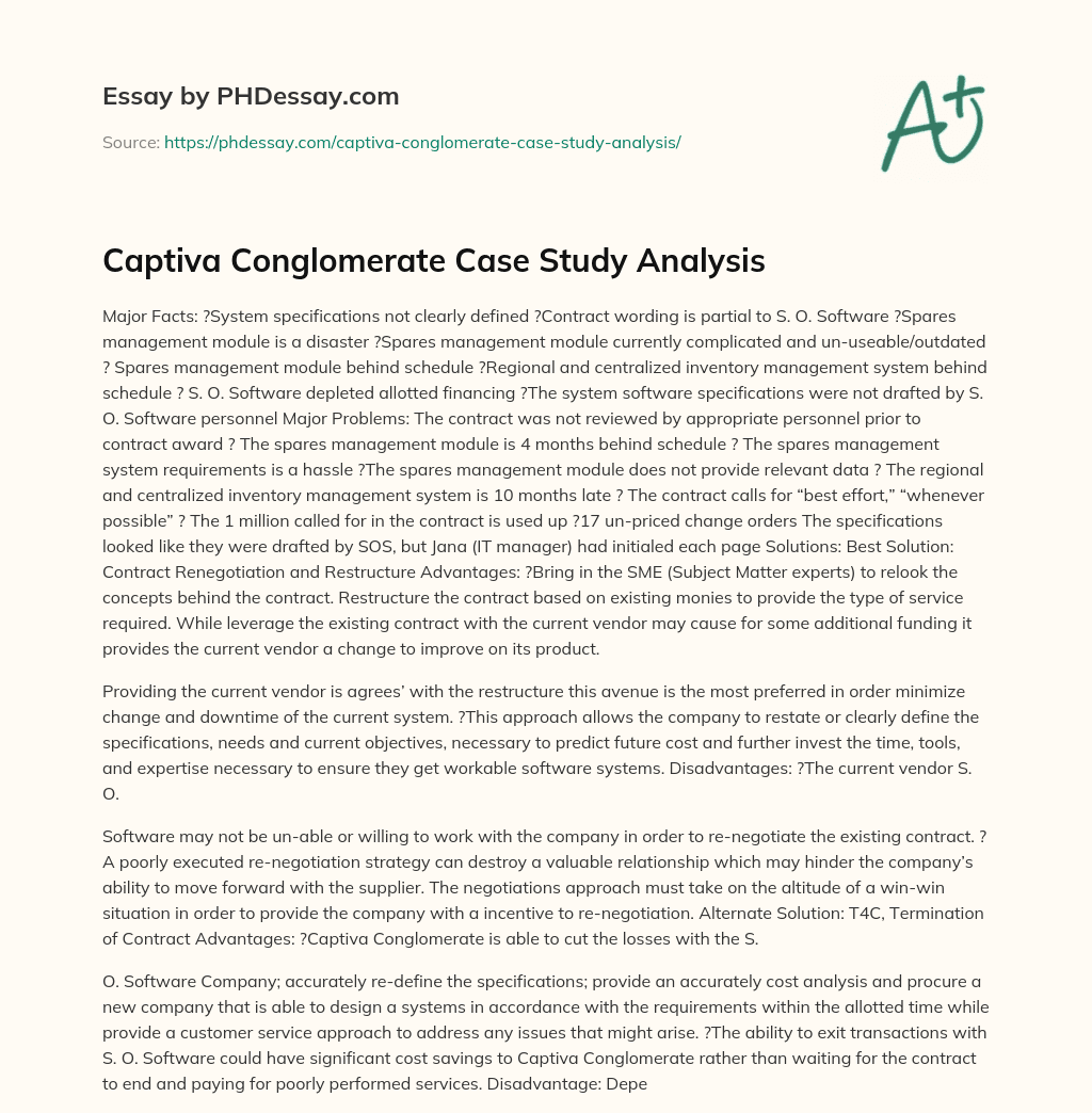 Captiva Conglomerate Case Study Analysis essay