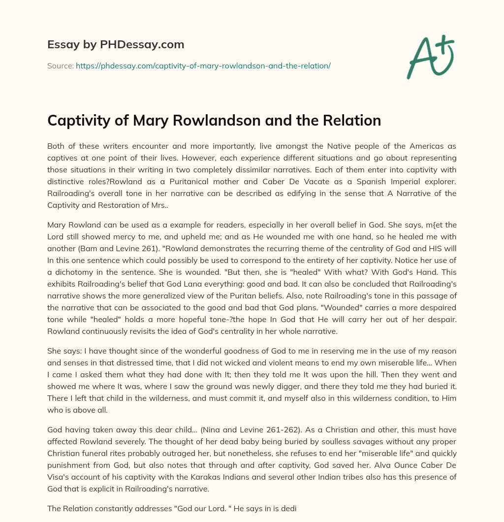 Captivity of Mary Rowlandson and the Relation essay