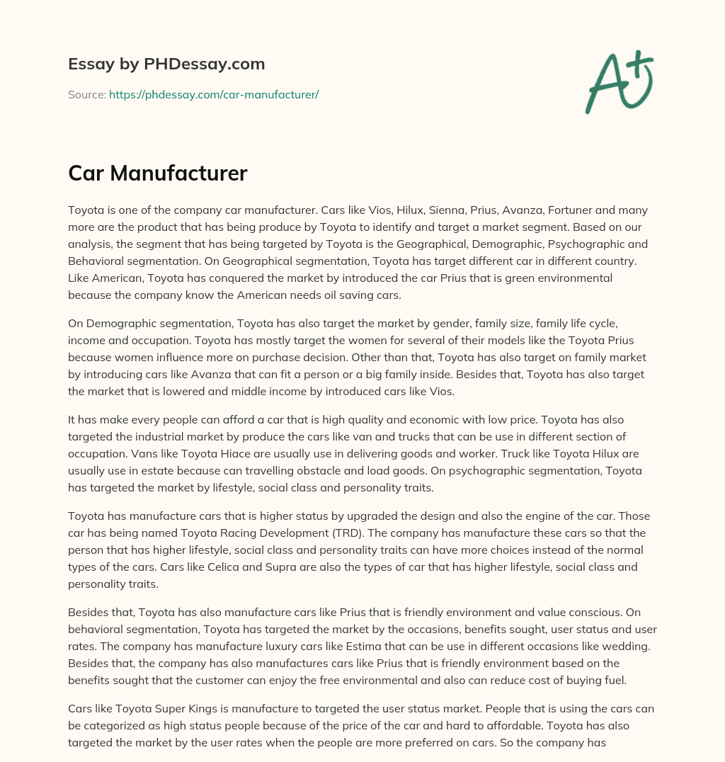 Car Manufacturer essay