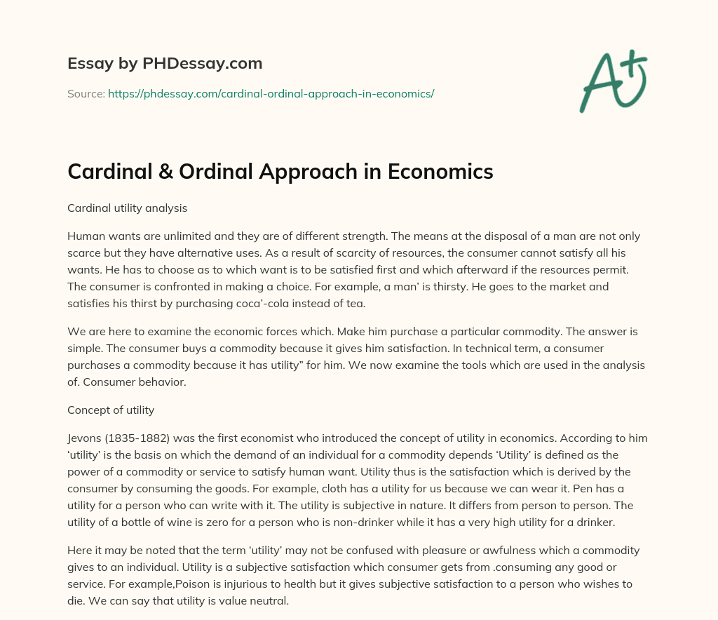 Cardinal Ordinal Approach In Economics 300 Words PHDessay