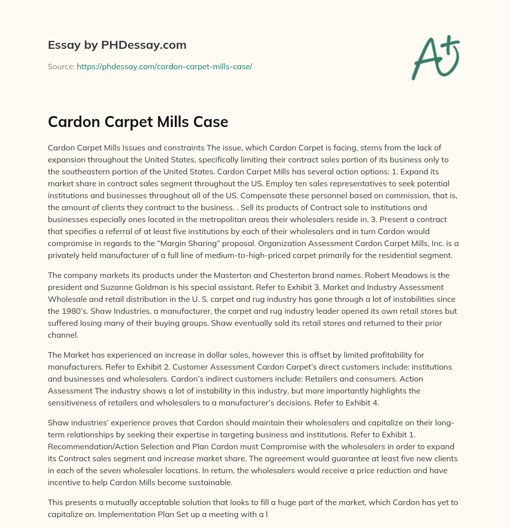Cardon Carpet Mills Case essay