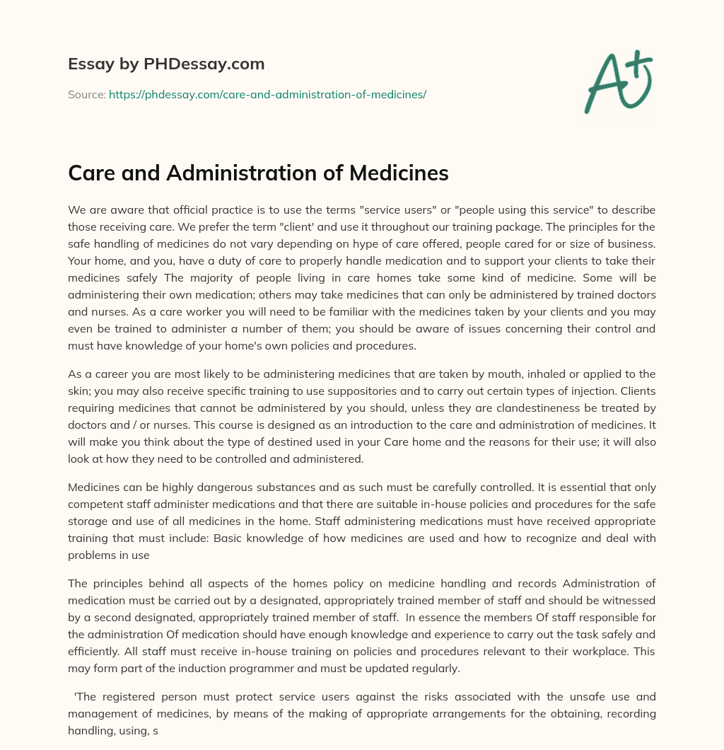 Care and Administration of Medicines essay