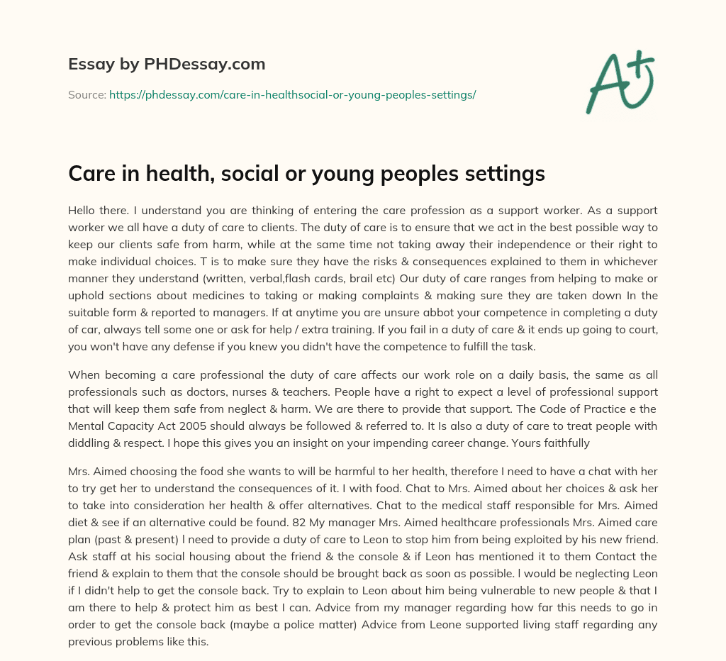 Care in health, social or young peoples settings essay