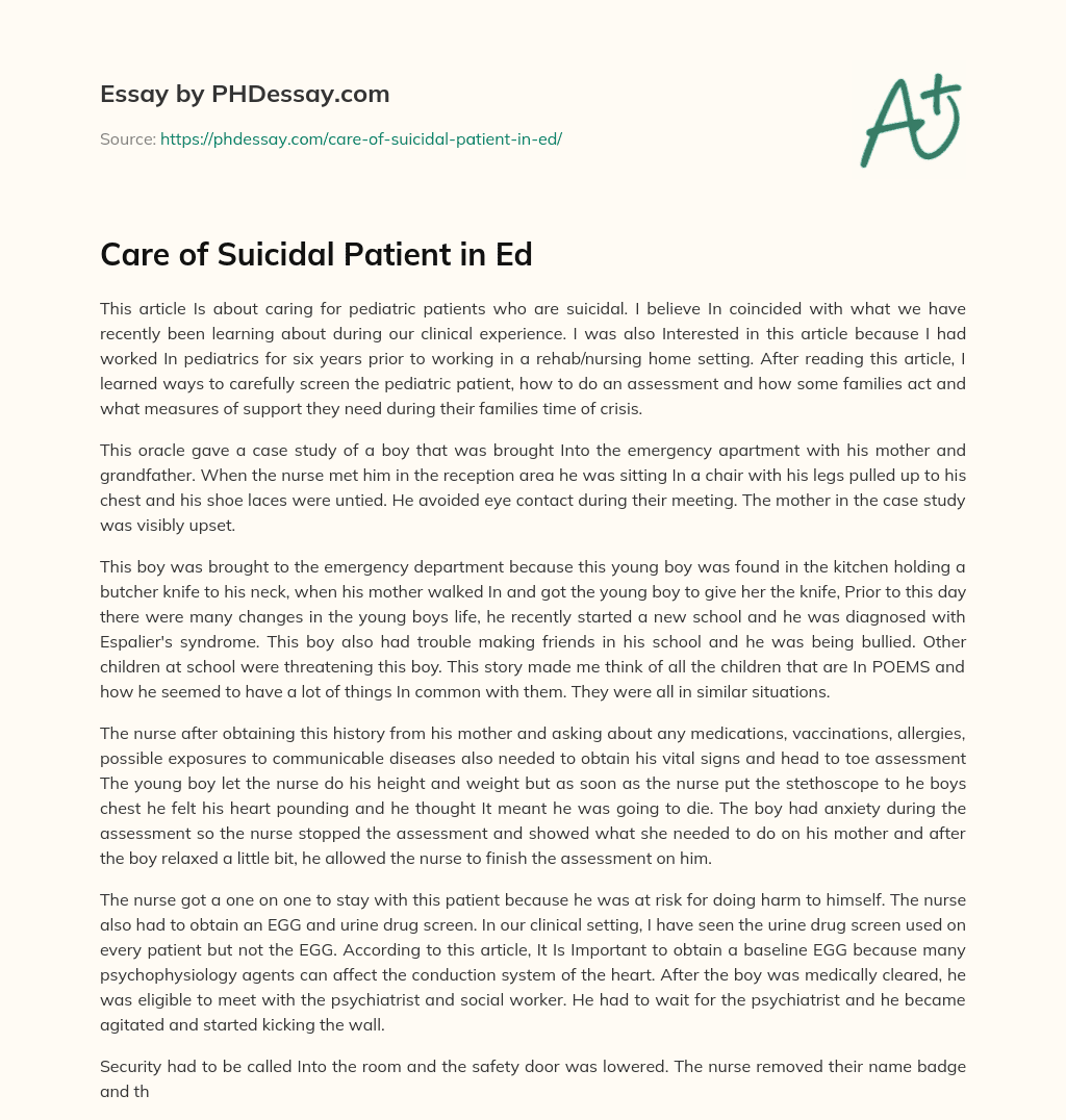 Care of Suicidal Patient in Ed essay
