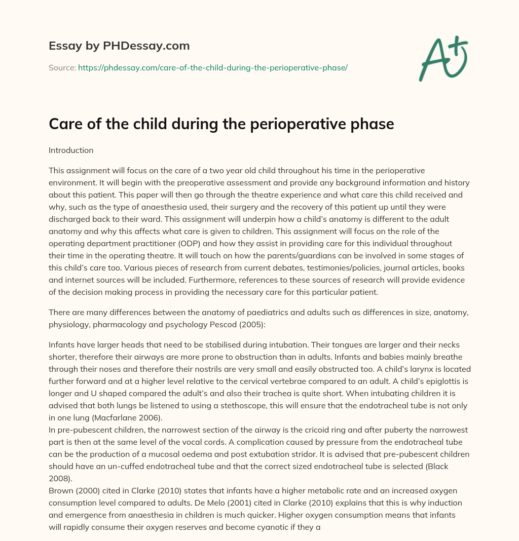 Care of the child during the perioperative phase essay
