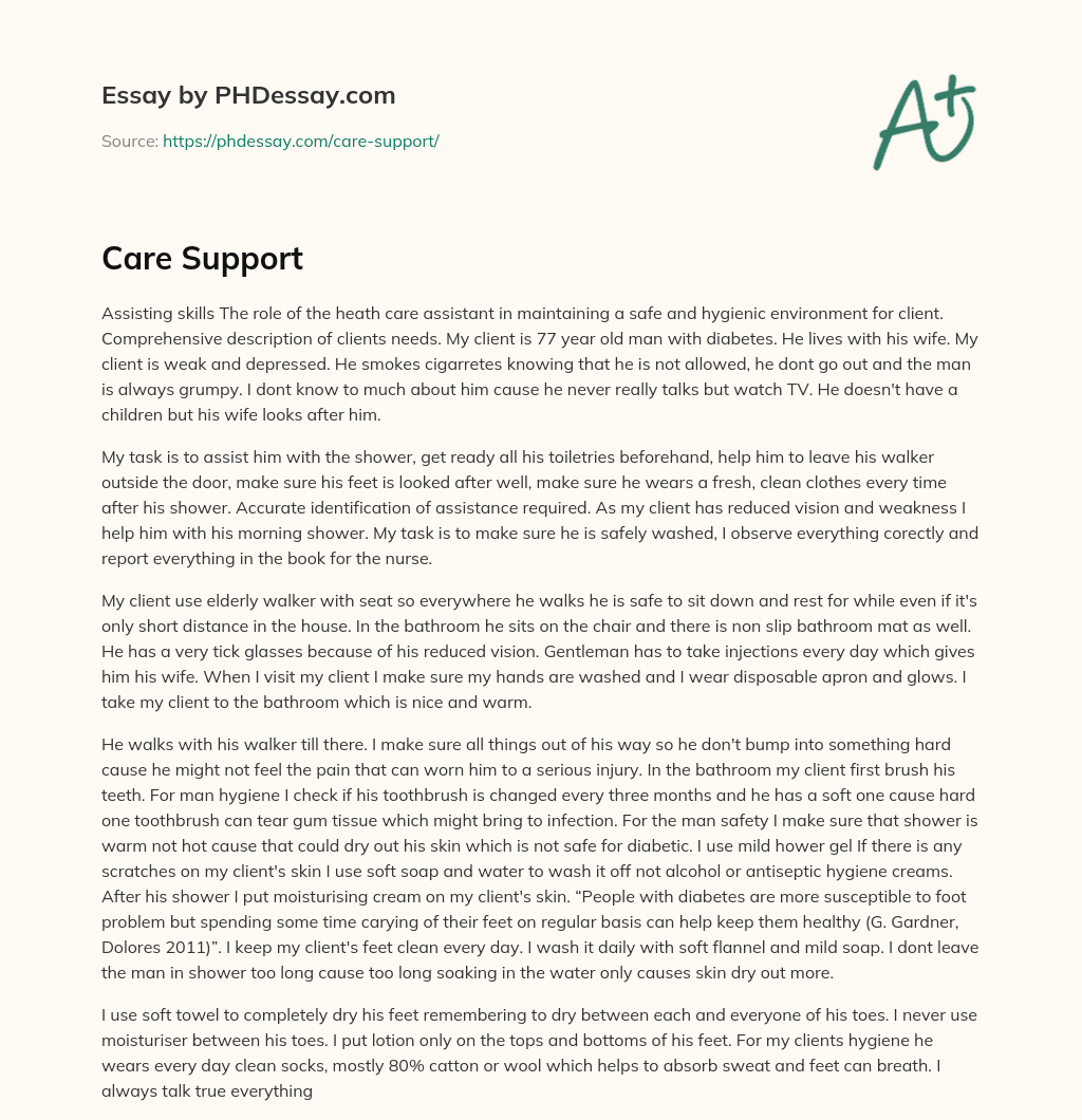 Assisting with Personal Hygiene for Elderly Client with Diabetes essay