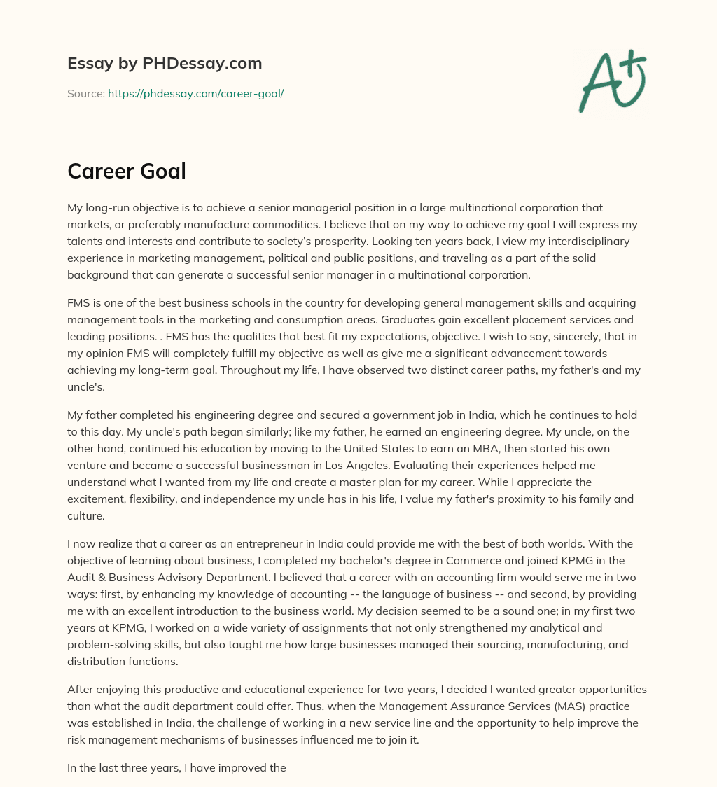 Aspiring Senior Manager Seeks FMS for Career Advancement and Skill Development essay