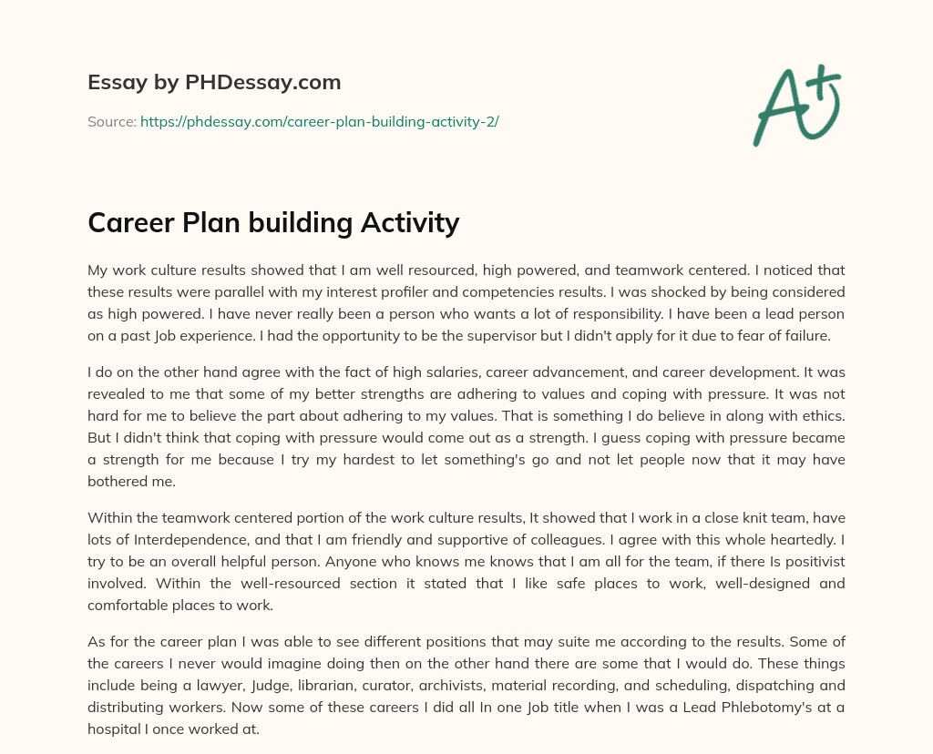Career Plan building Activity essay