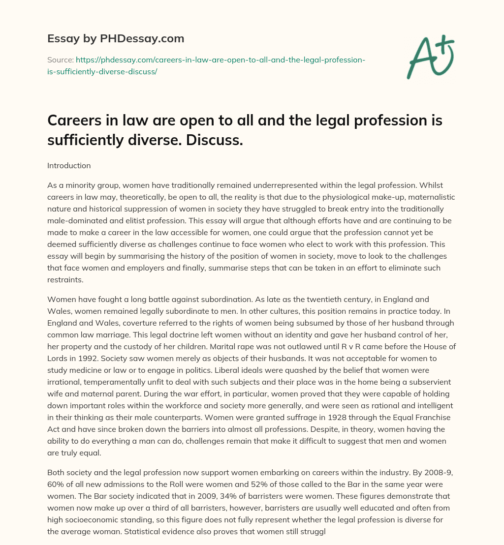 Women’s Struggle for Representation in the Legal Profession: Challenges and Solutions essay