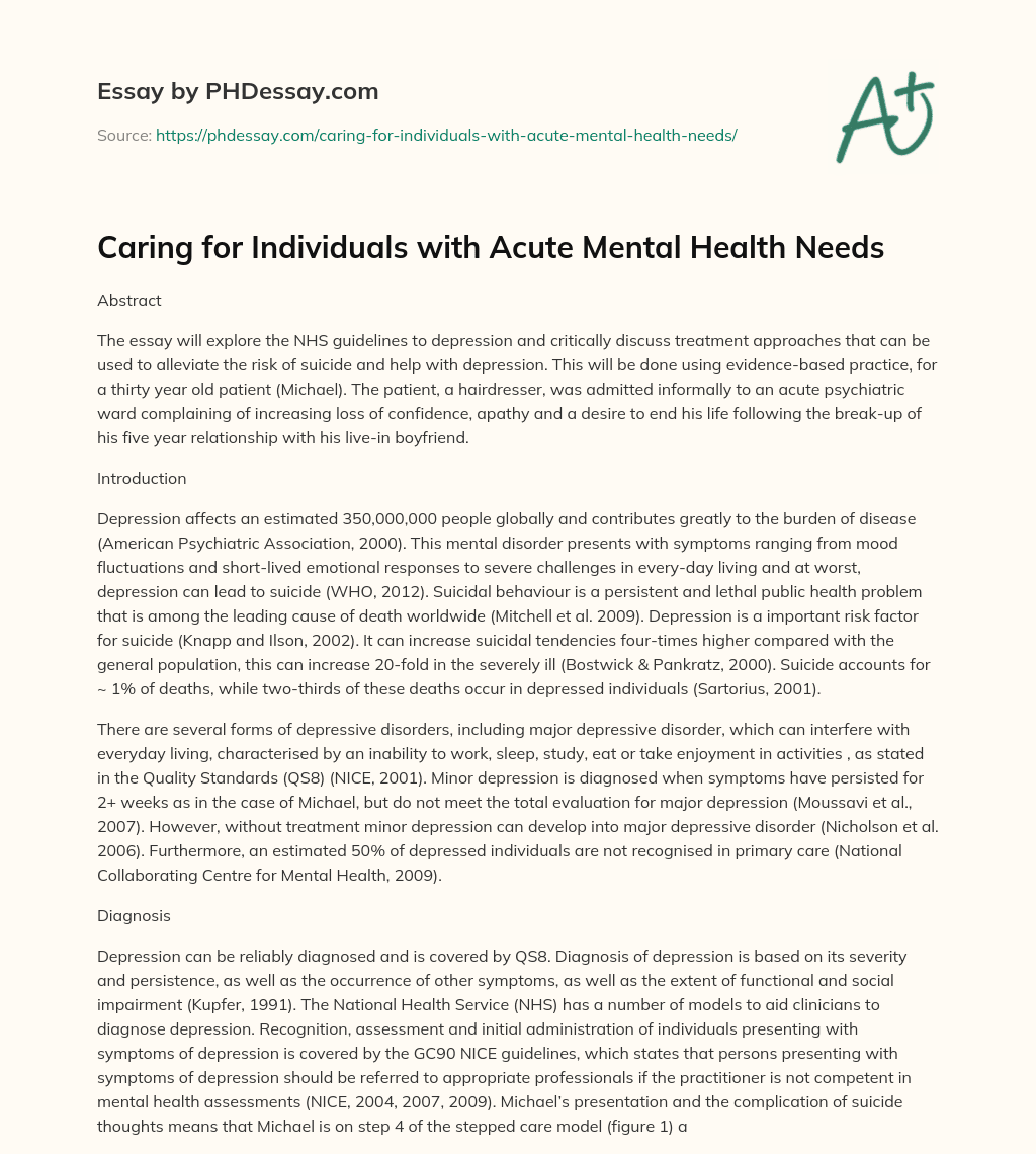 Caring for Individuals with Acute Mental Health Needs essay