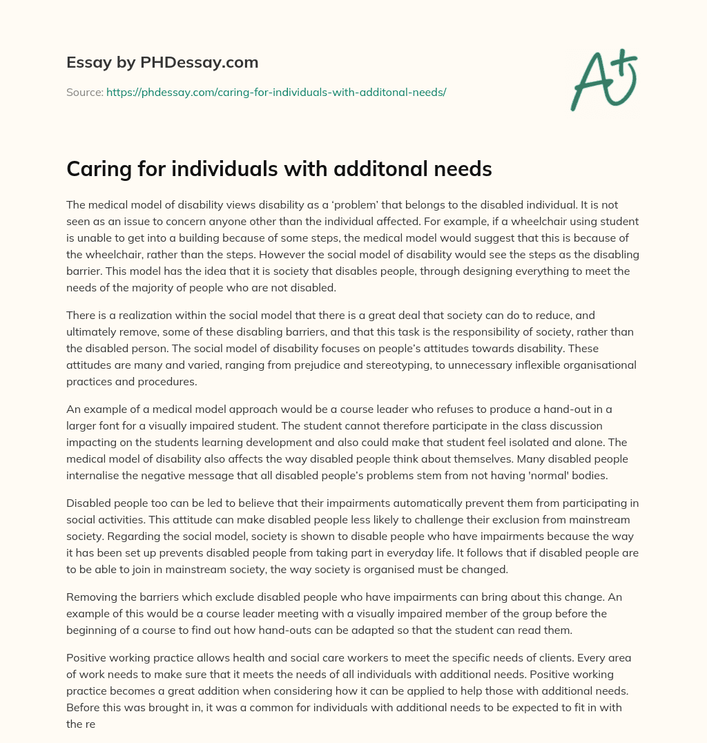 Caring for individuals with additonal needs essay