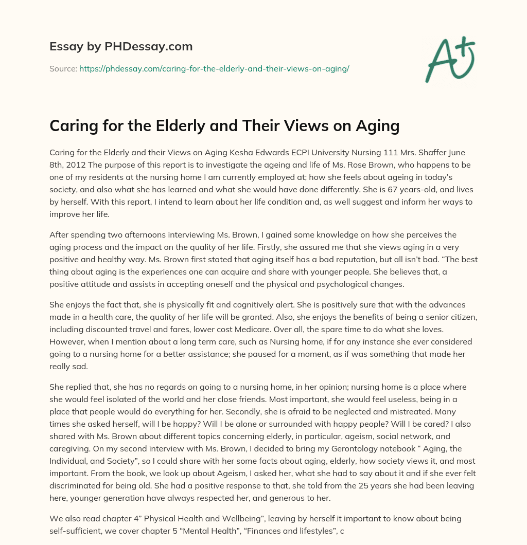 Caring for the Elderly and Their Views on Aging essay