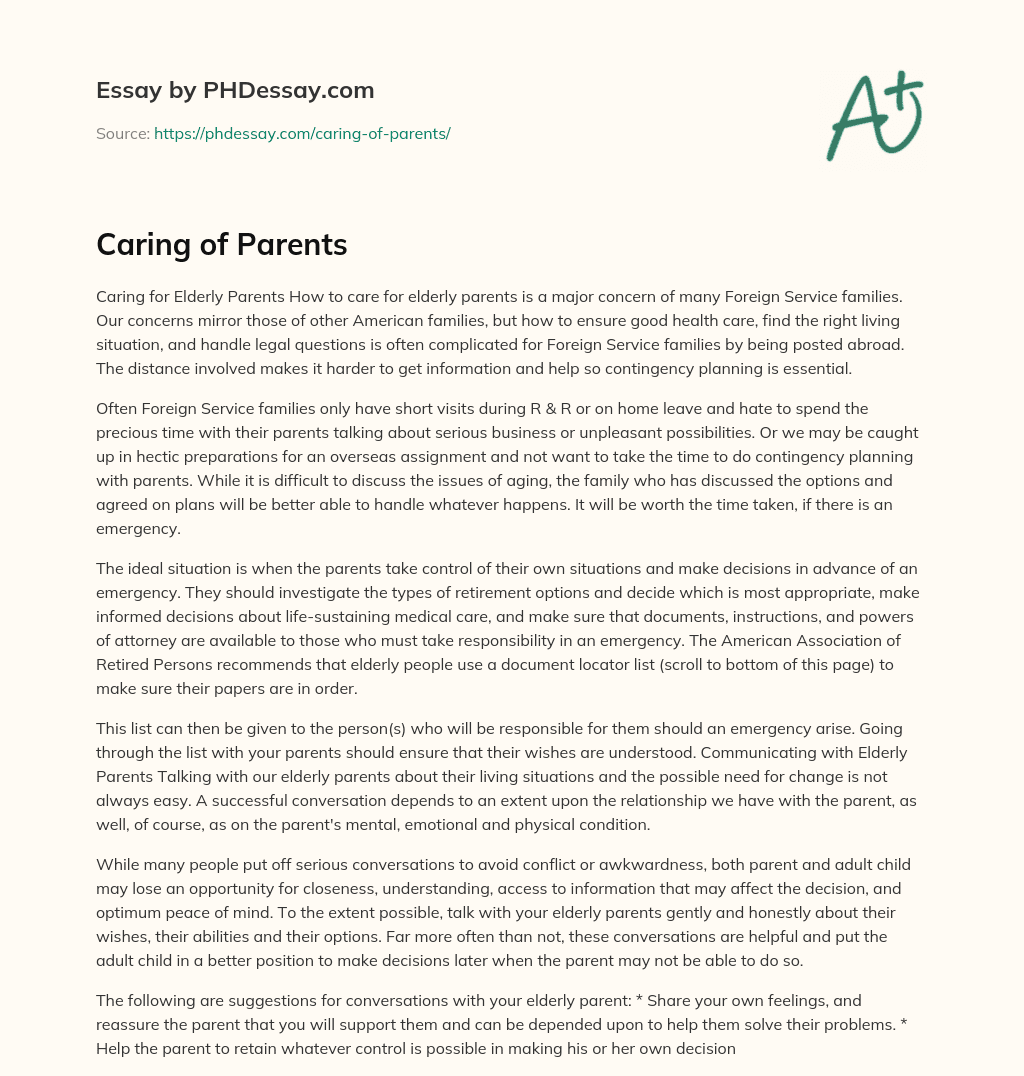 Caring of Parents essay