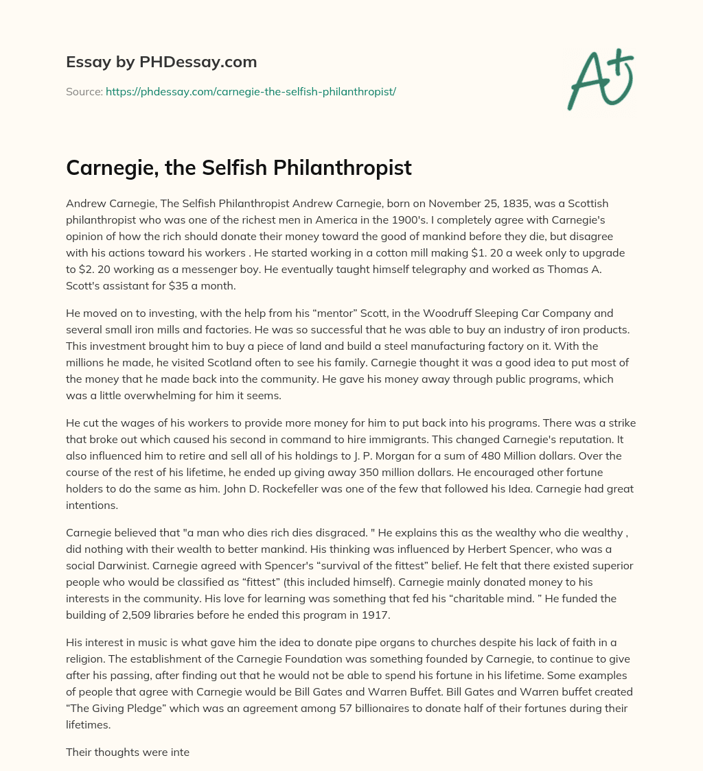 Carnegie, the Selfish Philanthropist essay