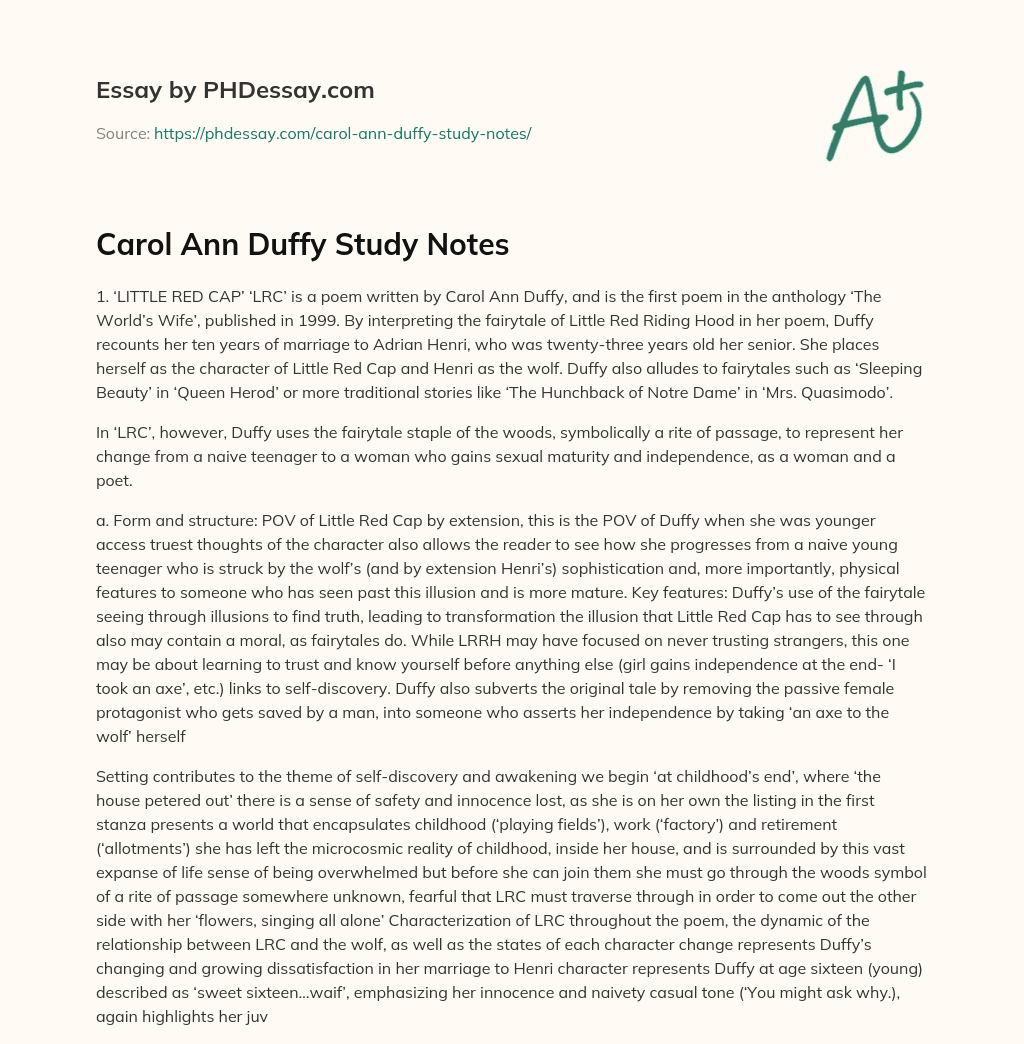 Carol Ann Duffy Study Notes essay
