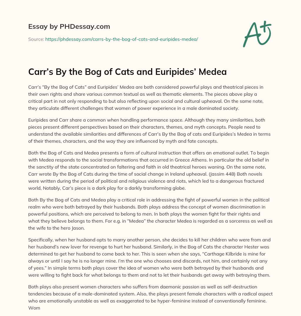 Carr’s By the Bog of Cats and Euripides’ Medea essay