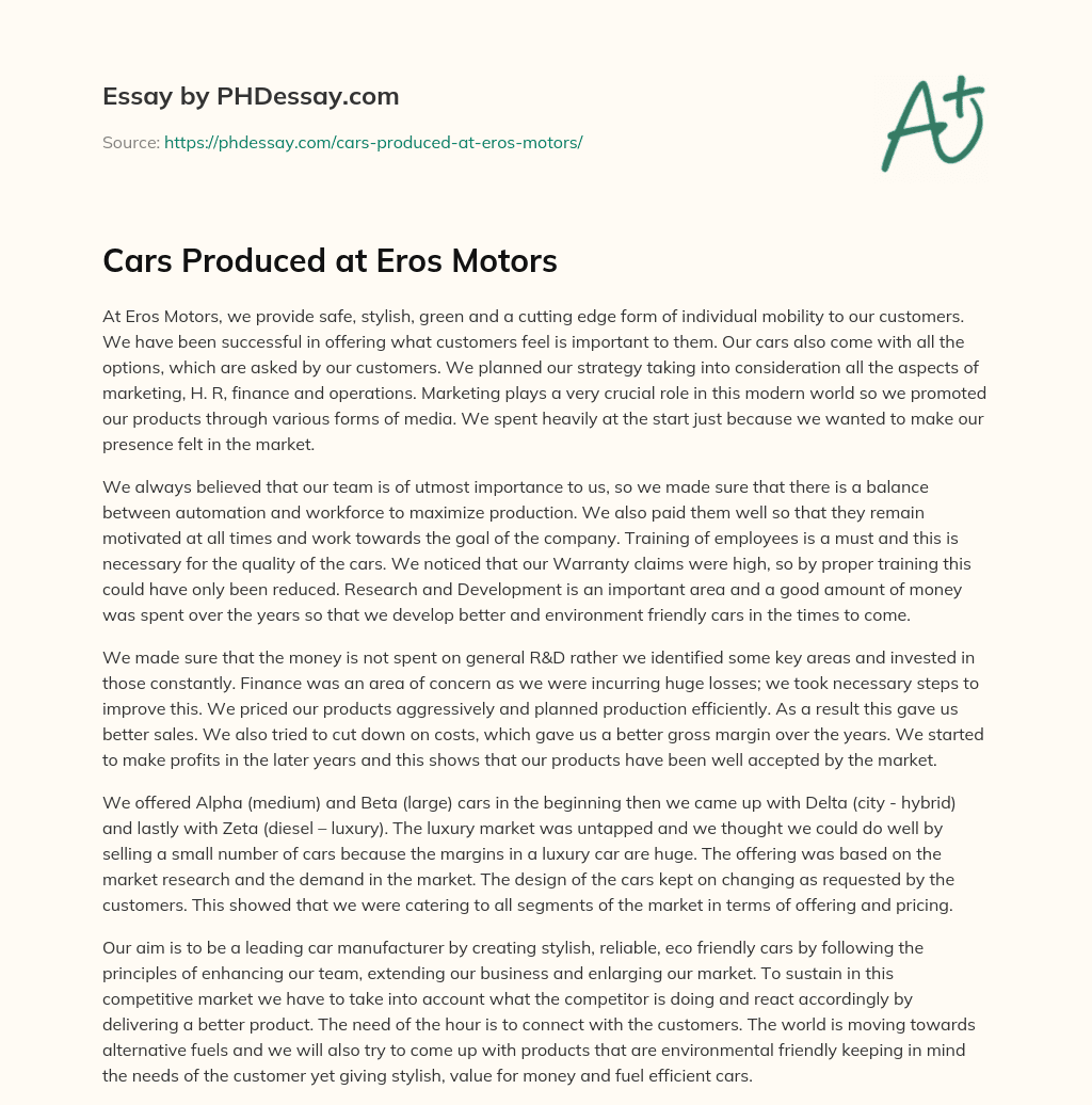 Cars Produced at Eros Motors essay