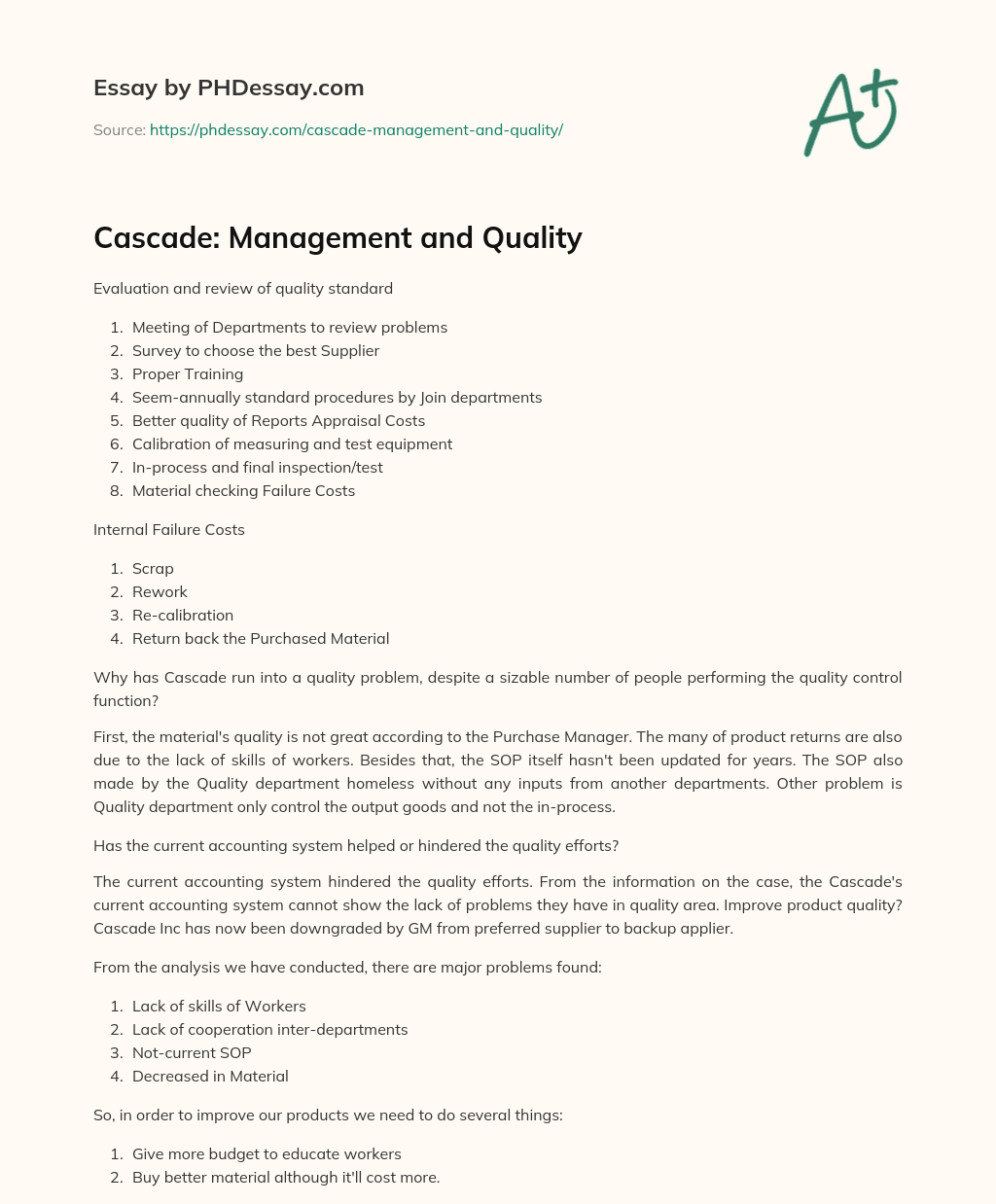 Cascade: Management and Quality essay