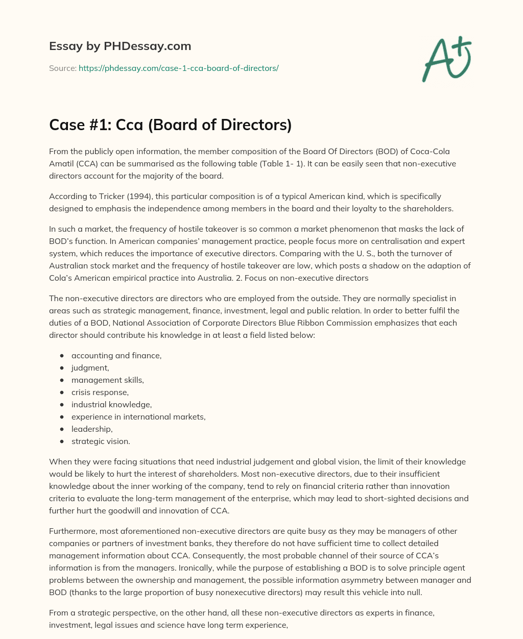 Case #1: Cca (Board of Directors) essay