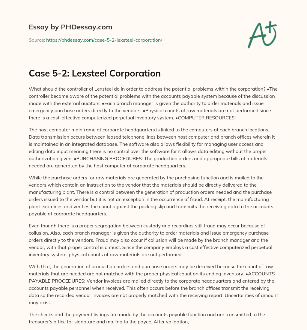 Case 5-2: Lexsteel Corporation essay