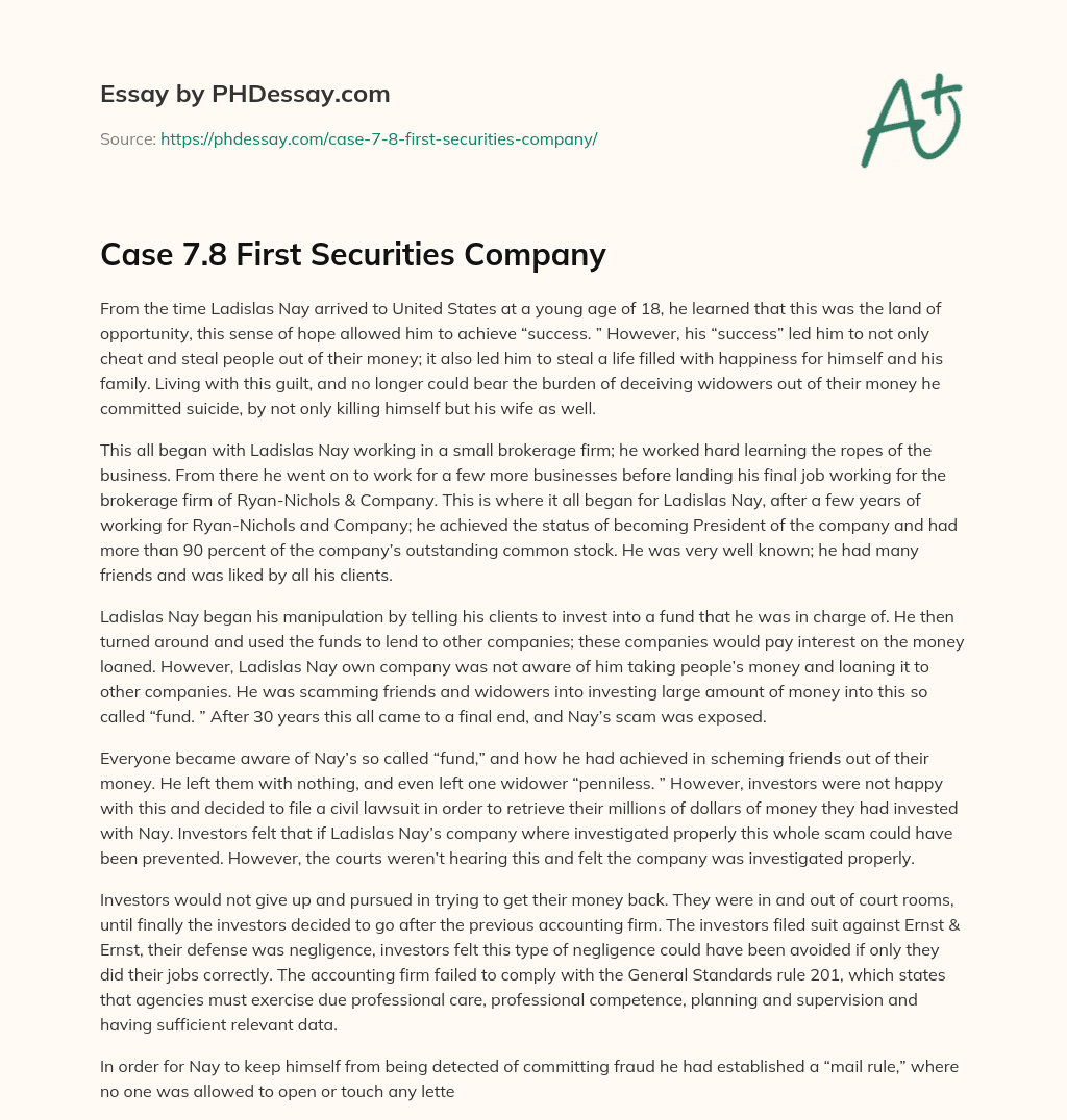 Case 7.8 First Securities Company essay