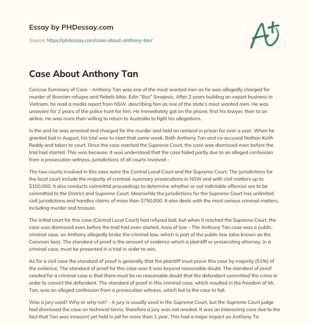 Case About Anthony Tan essay