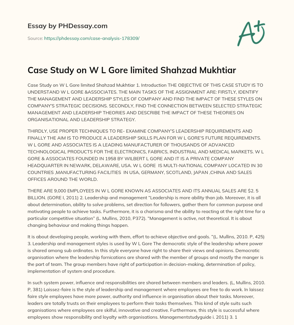 Case Study on W L Gore limited Shahzad Mukhtiar essay