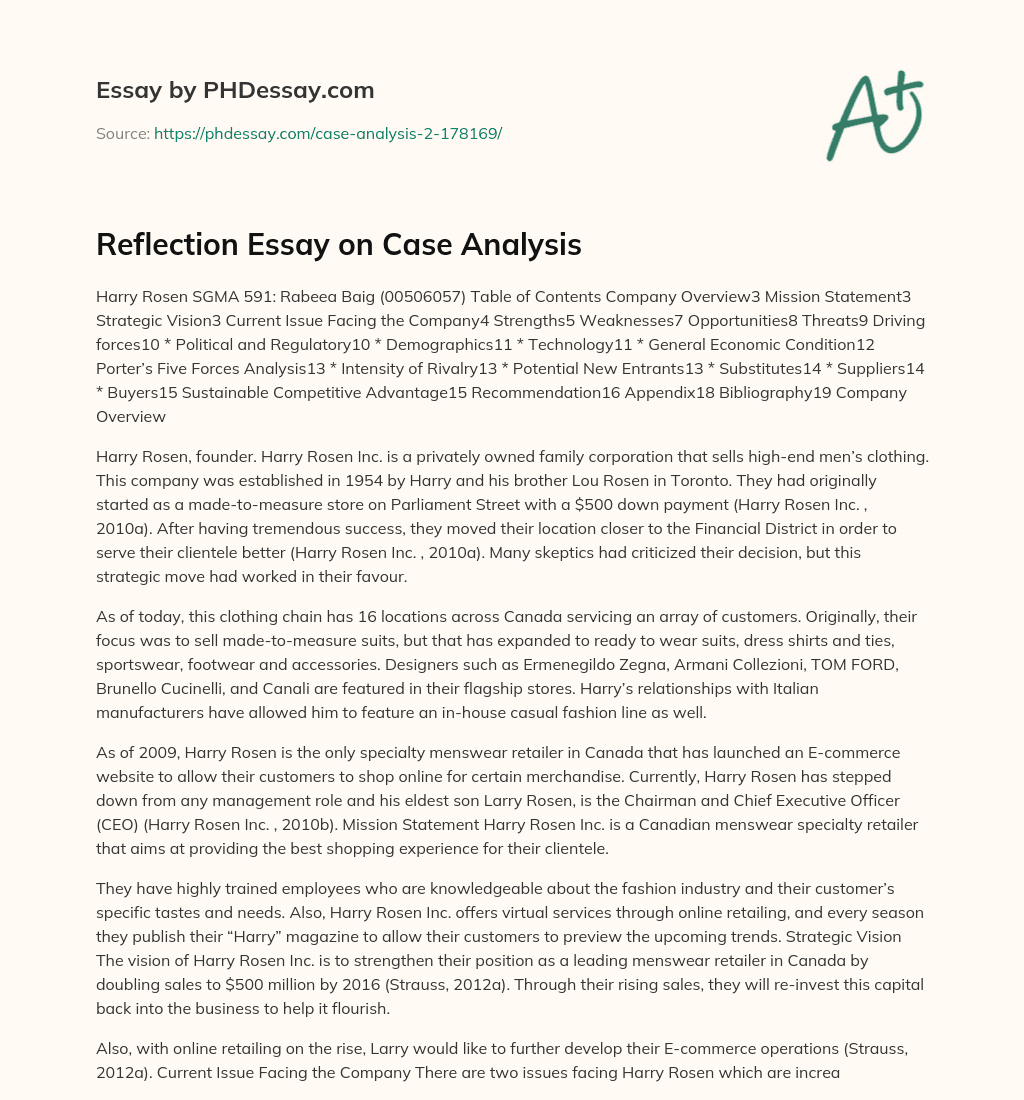 Reflection Essay on Case Analysis essay