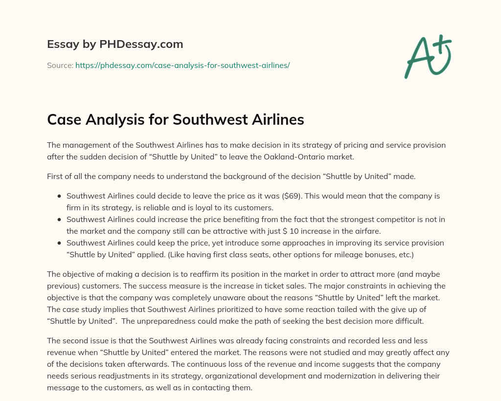 southwest airlines case analysis essay