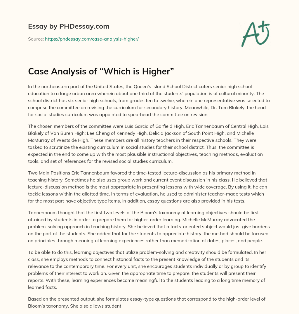 Case Analysis of “Which is Higher” essay