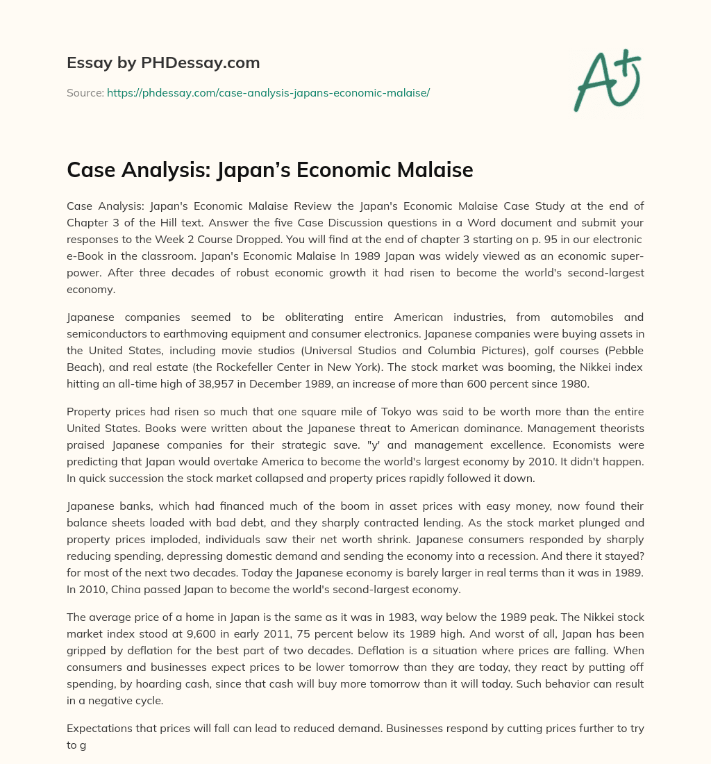 Case Analysis: Japan’s Economic Malaise essay