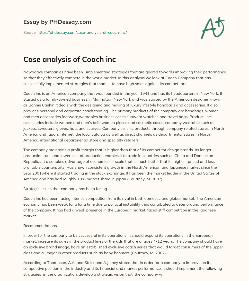 Case analysis of Coach inc essay