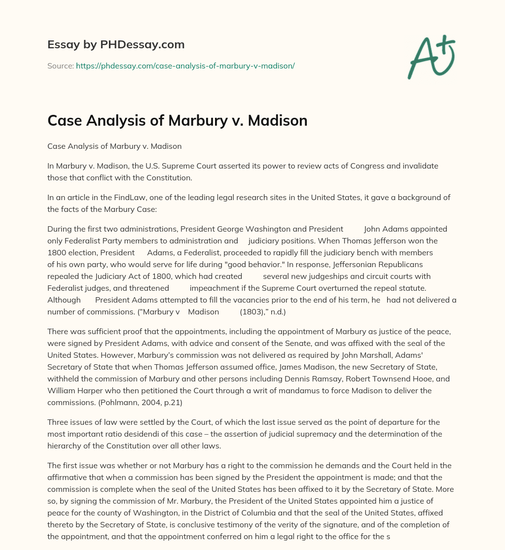 Case Analysis of Marbury v. Madison essay
