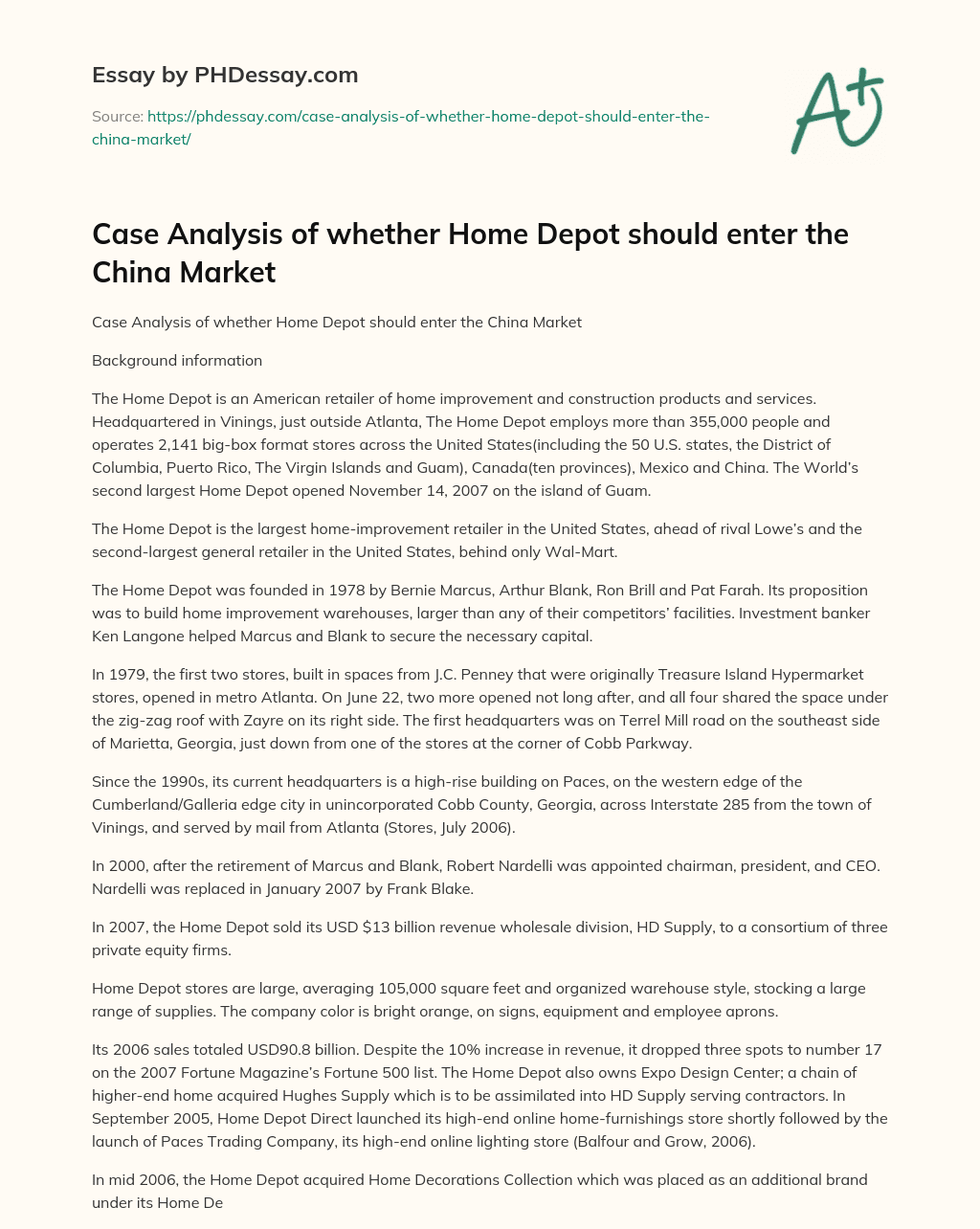 Case Analysis of whether Home Depot should enter the China Market essay