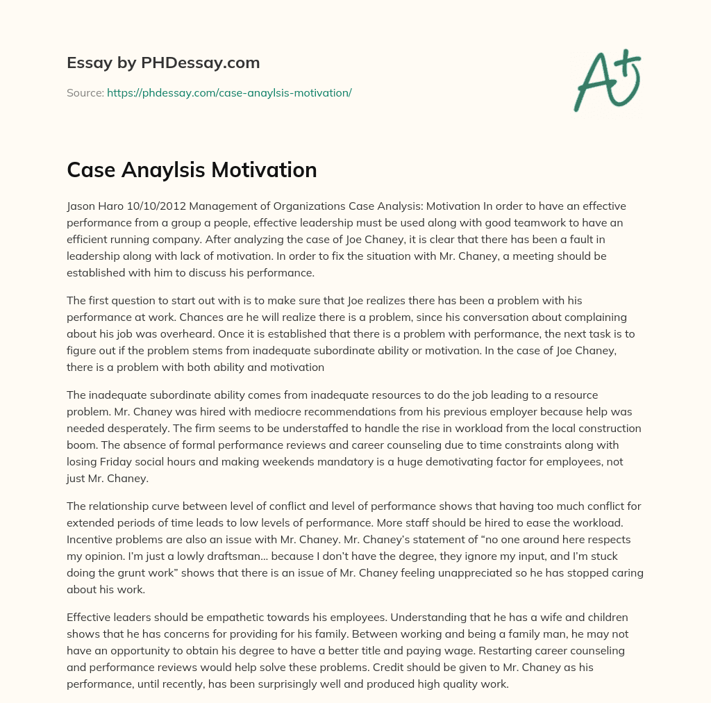Case Anaylsis Motivation essay