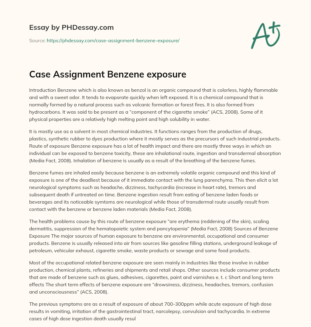 Case Assignment Benzene exposure essay