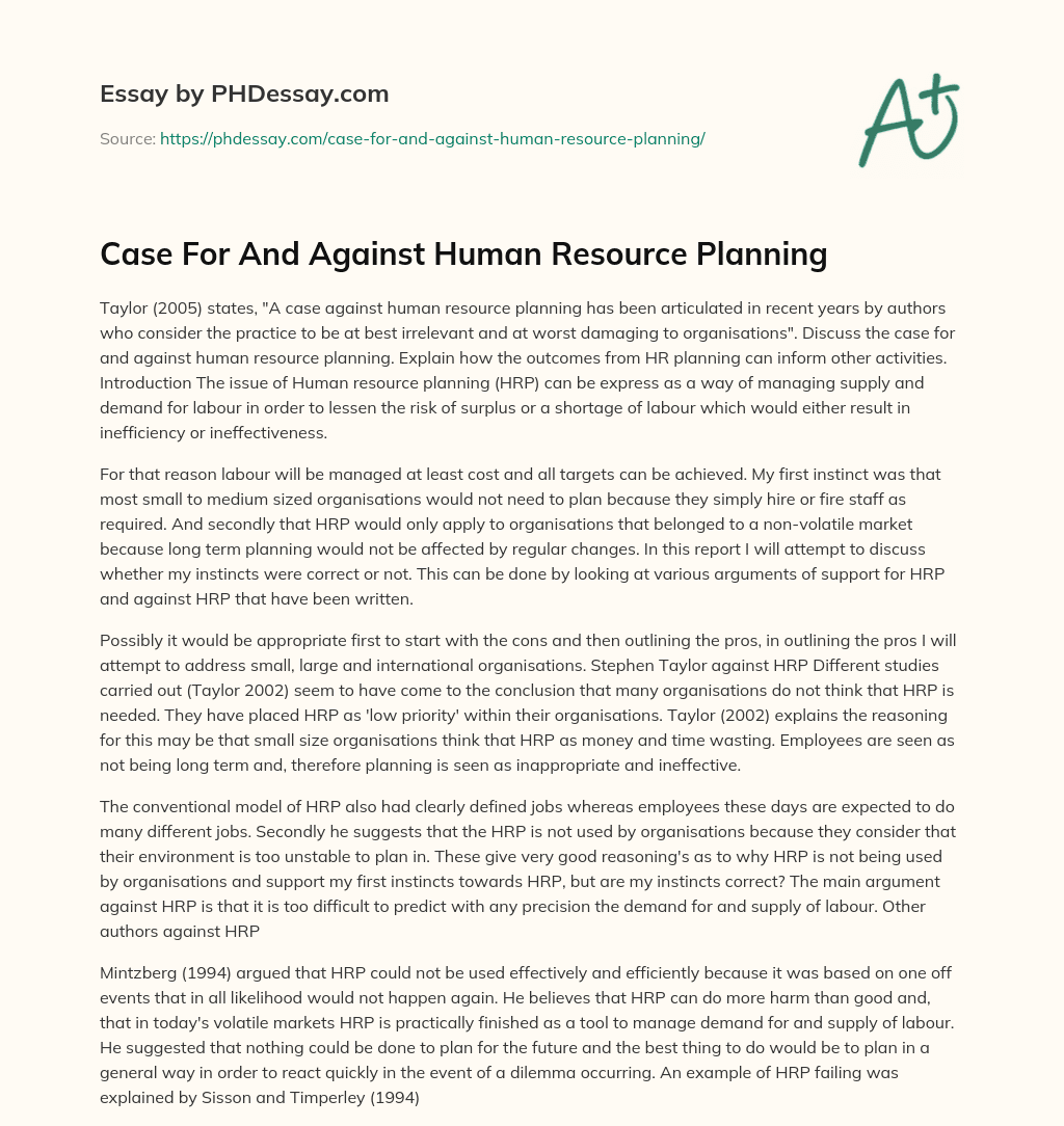 Case For And Against Human Resource Planning essay