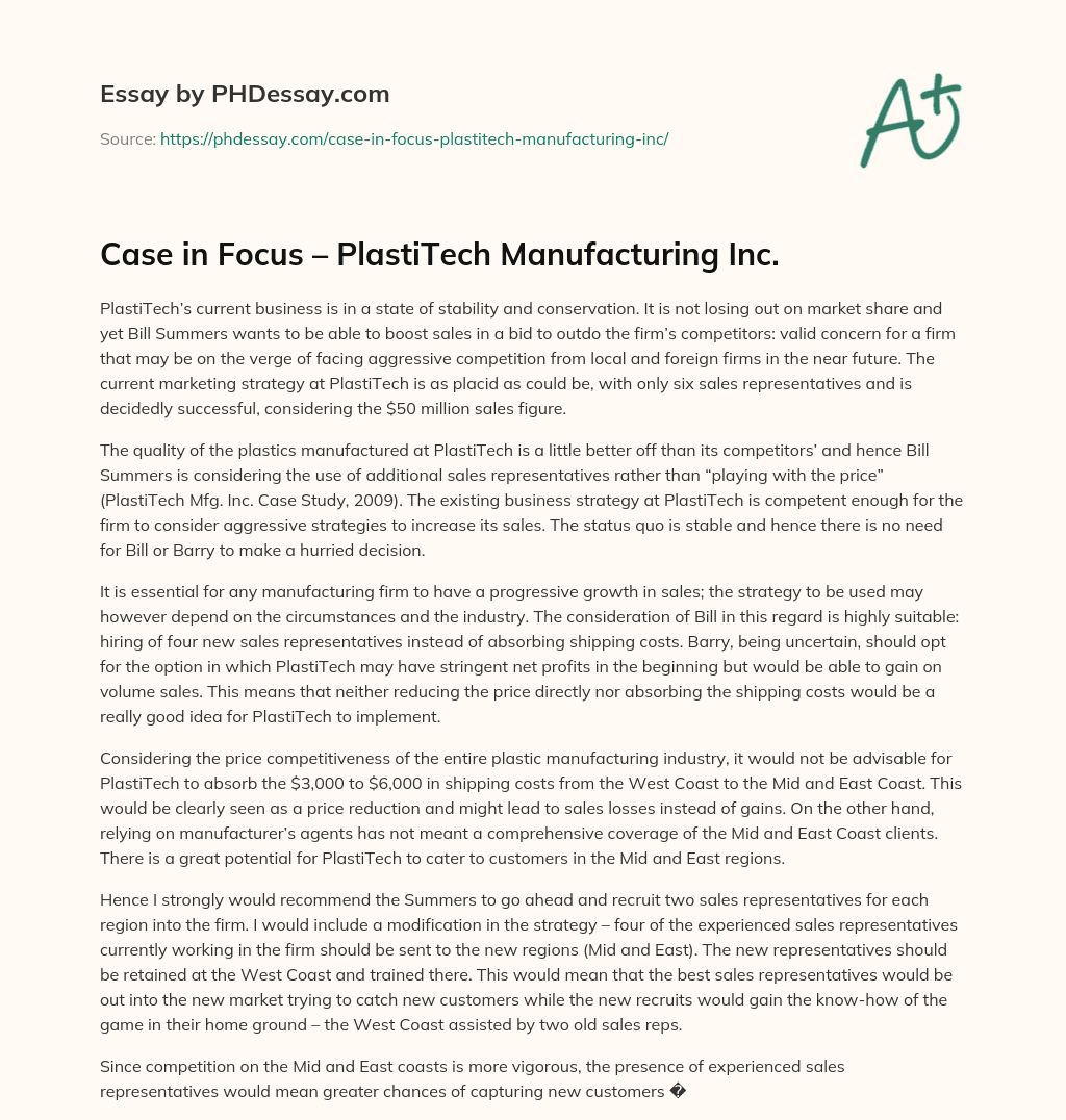 Case in Focus – PlastiTech Manufacturing Inc. essay