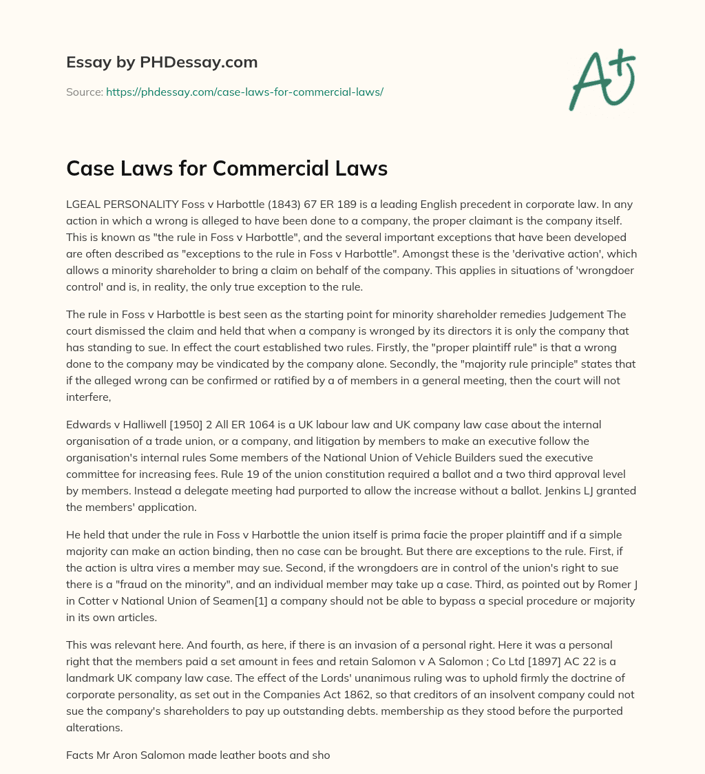 Case Laws for Commercial Laws essay