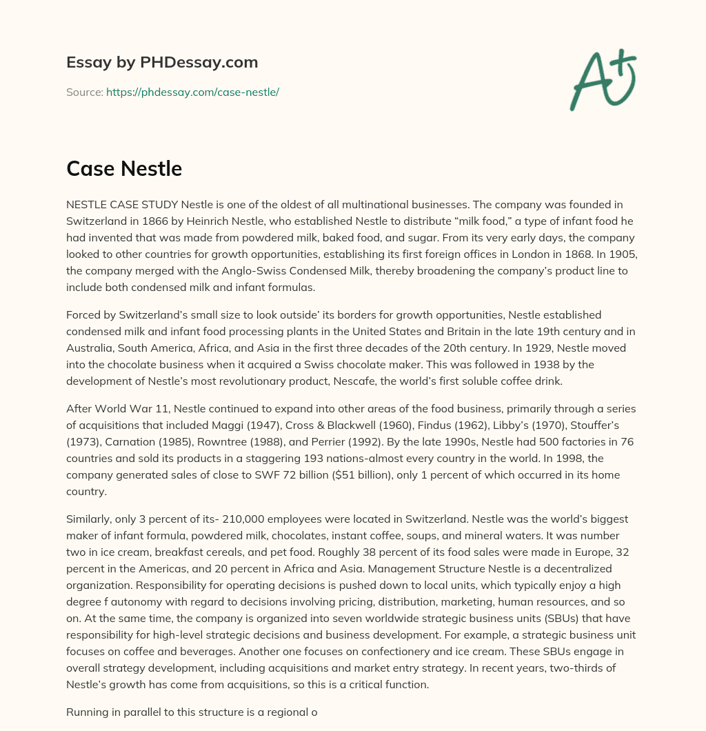 History and Expansion of Nestle: From Milk Food to Soluble Coffee essay