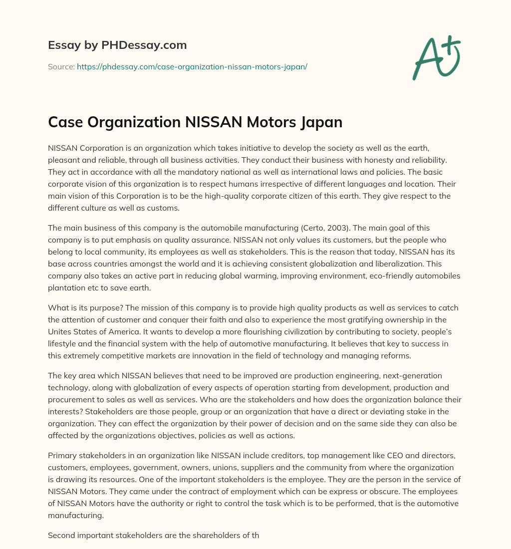 Case Organization NISSAN Motors Japan essay