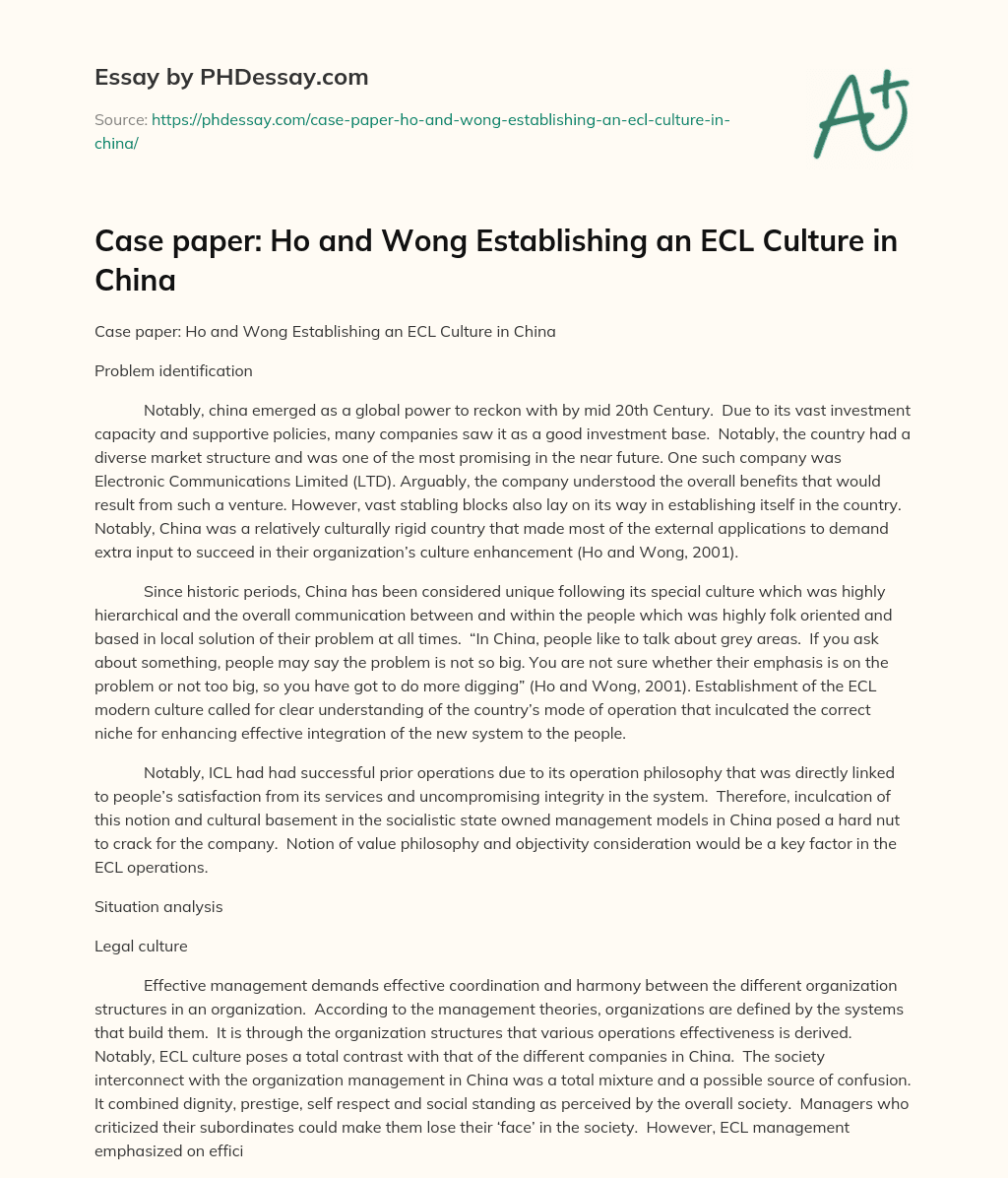 Case paper: Ho and Wong Establishing an ECL Culture in China essay