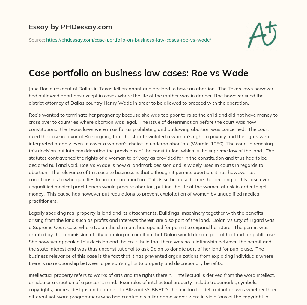 Case portfolio on business law cases: Roe vs Wade essay